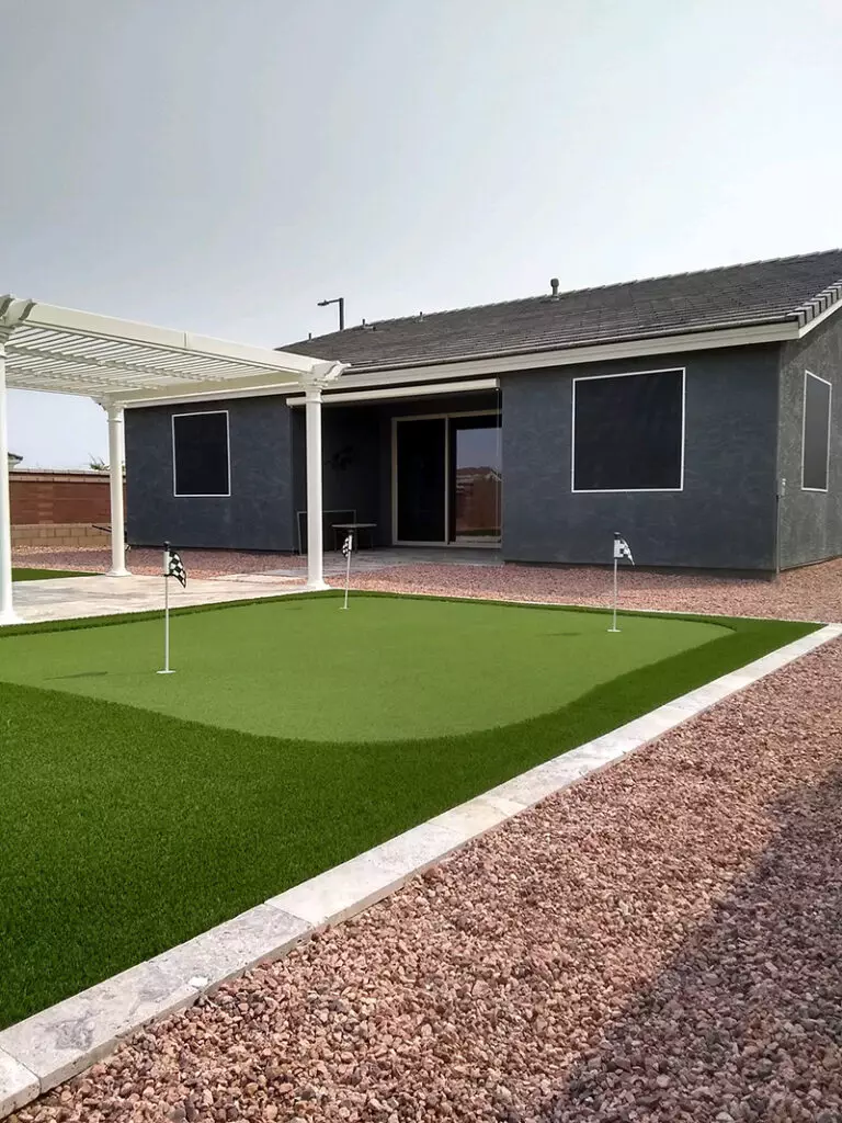 putting green course with custom white pergola