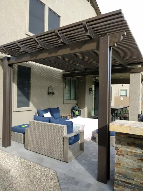 Brown Aluminawood patio pergola